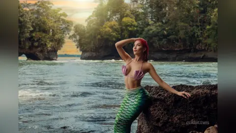 ClaryLewis poses as a mermaid in a green scaled tail while sitting on dark rocks by the ocean waves.