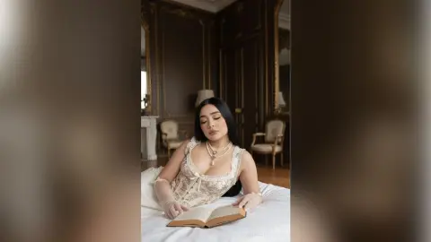 Elegant woman in a white lace corset sitting on a bed reading a book in a luxury vintage bedroom.