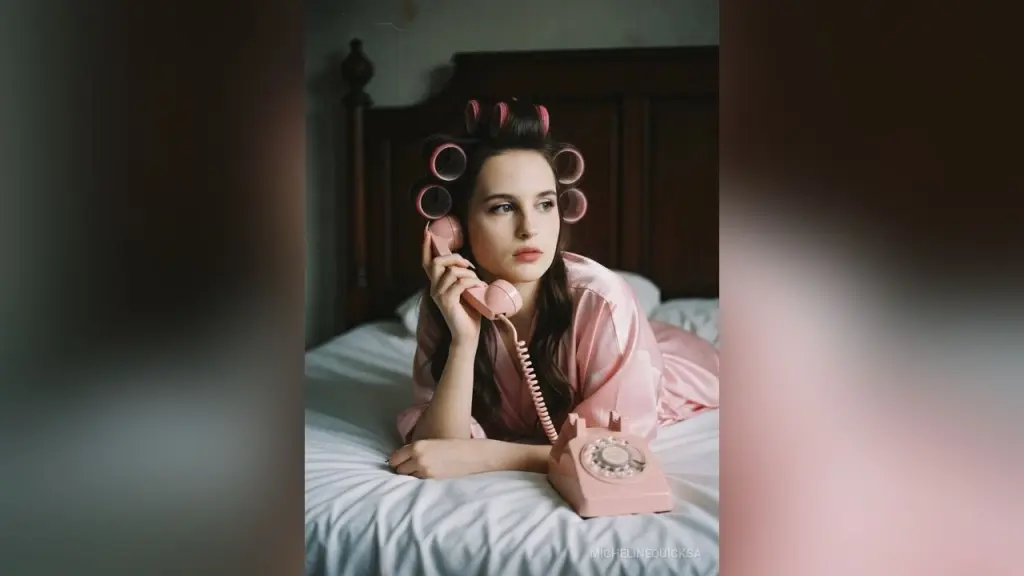 MichelineQuicksa — Young woman in pink silk pajamas lying on a bed using a vintage pink rotary telephone in a moody bedroom setting.