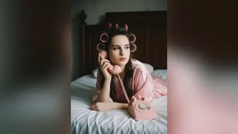 MichelineQuicksa — Young woman in pink silk pajamas lying on a bed using a vintage pink rotary telephone in a moody bedroom setting.