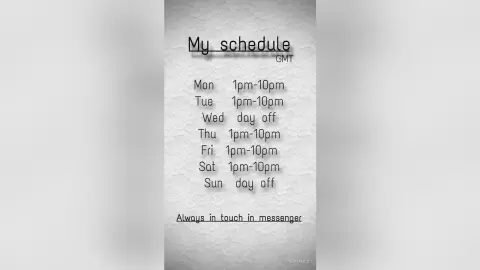 Weekly work schedule list showing shifts from 1pm to 10pm with Wednesday and Sunday days off.