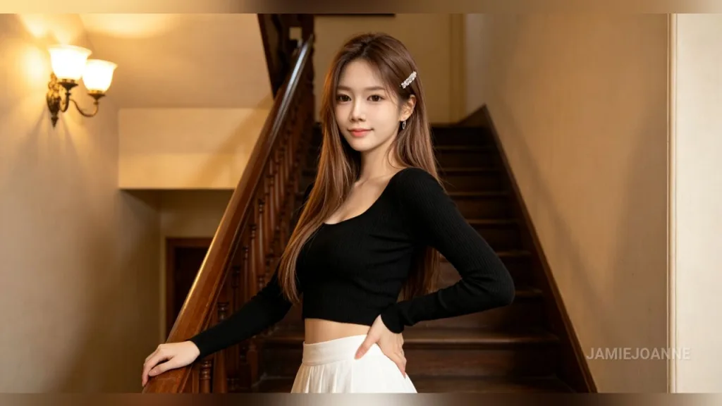 JamieJoanne — JamieJoanne poses on a wooden staircase wearing a black long-sleeve crop top and a white skirt.