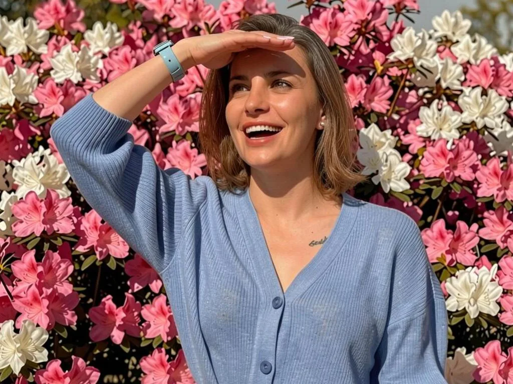 AnishaBee smiles while wearing a blue cardigan and shielding her eyes in front of pink and white flowers.