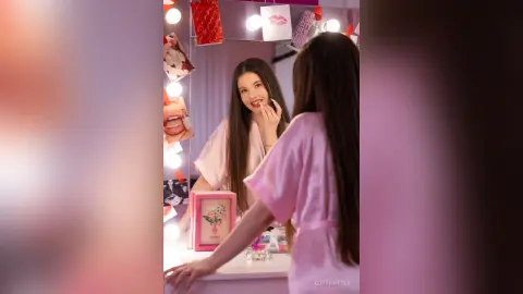 Young woman in a pink satin robe smiling in a lighted vanity mirror for a cozy beauty routine mood.
