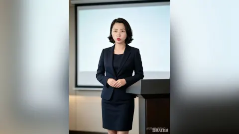 AuraraFeng — AuraraFeng stands in a professional navy blue suit and skirt next to a podium in a conference room.