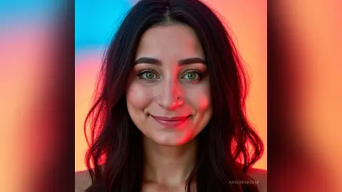Smiling young woman with long dark hair posing against a vibrant pink and blue neon light background.