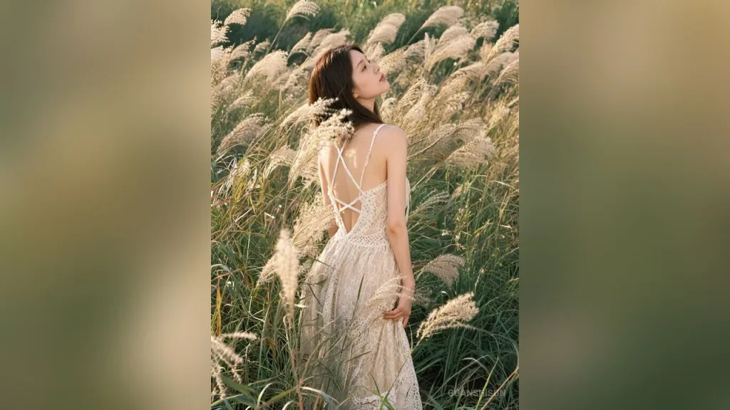 GuanshiSun — GuanshiSun poses in a white lace dress amidst tall grass under the sunlight.