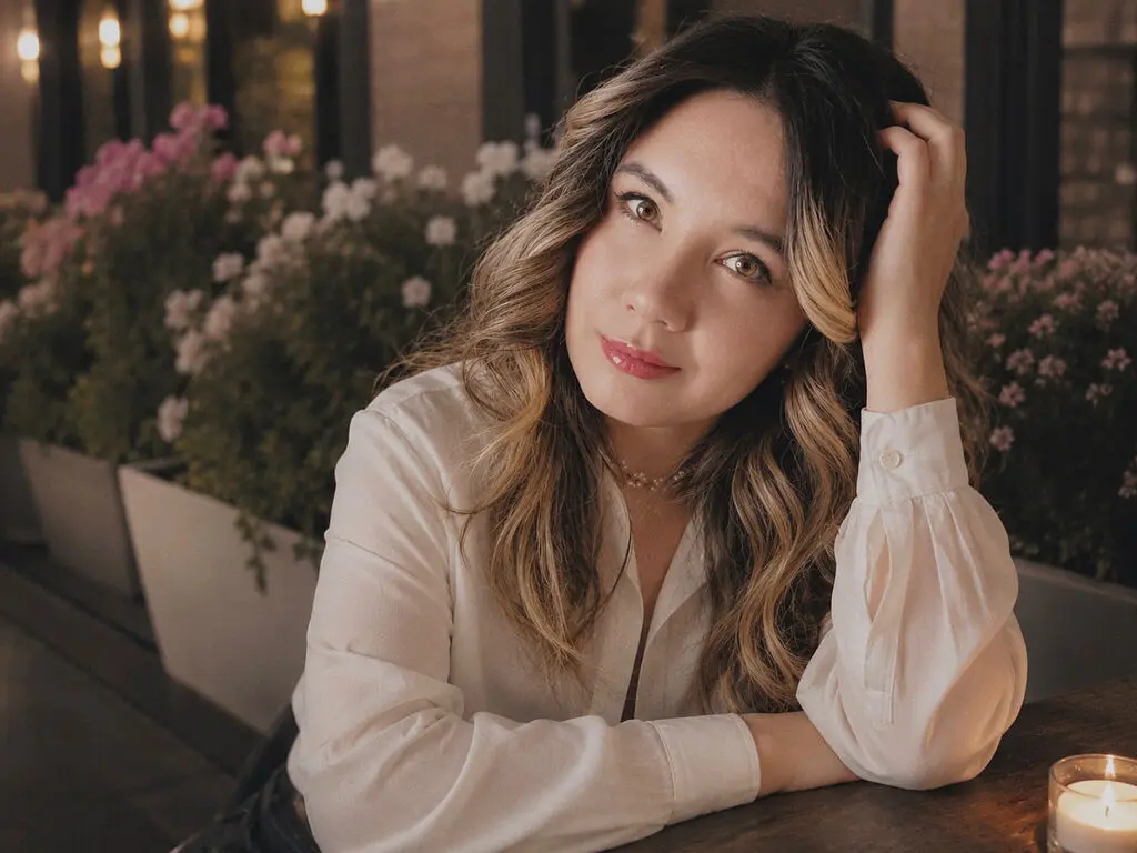 Smiling woman in a white blouse sitting at an outdoor cafe table near pink flowers at twilight.