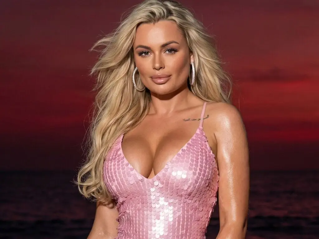 Glamorous blonde woman in a pink sequin cocktail dress posing against a moody sunset beach background.
