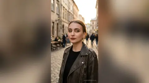 Young woman in a dark leather jacket standing on a cobblestone street in a European city during golden hour.