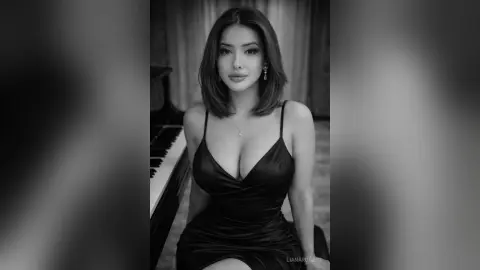 Elegant woman in a black slip dress posing for a moody black and white portrait indoors.