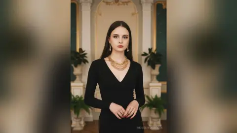 Elegant woman in a black long-sleeve dress and gold necklaces posing in a classic luxury interior.