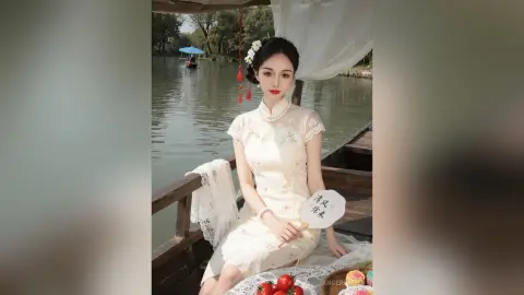 Elegant woman in white traditional cheongsam sitting on a wooden boat on a serene river at sunset.