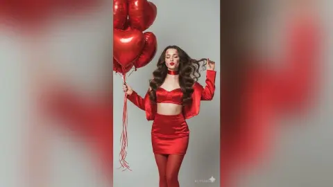 Glamorous woman in a red satin outfit holding heart-shaped balloons for a romantic Valentine's Day photoshoot.