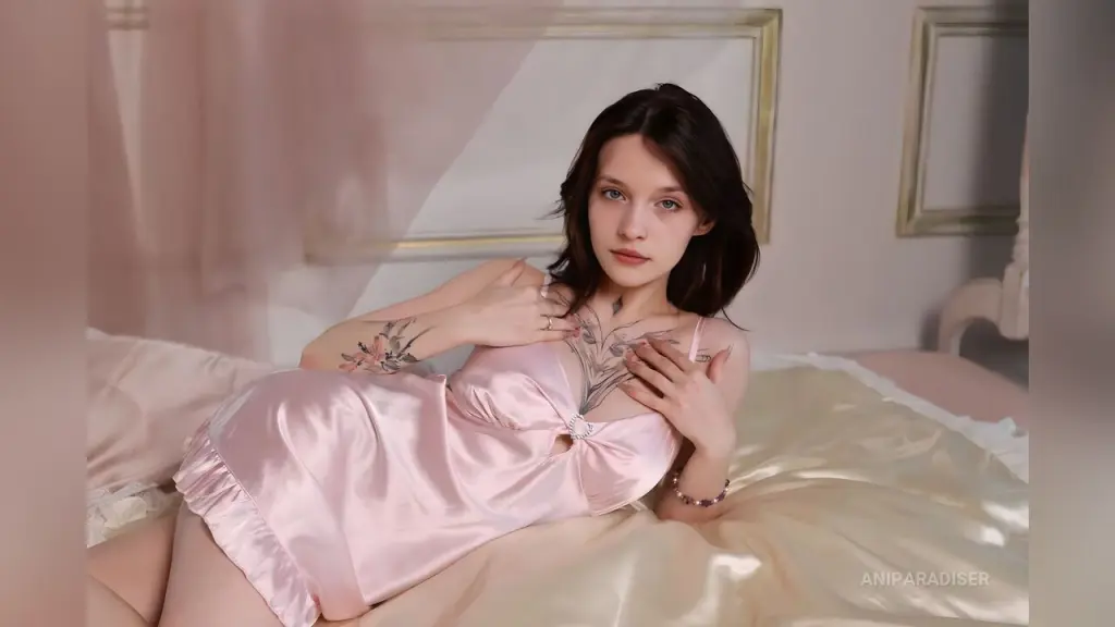 AniParadiser — AniParadiser lies on a bed wearing a pink satin chemise and showing her chest tattoos.