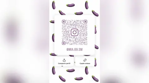 Minimalist white background featuring a pattern of floating purple eggplants and a central Instagram QR code.