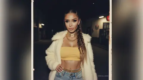 KendallMinx poses outdoors at night wearing a white fuzzy coat, a yellow crop top, and gold chains.
