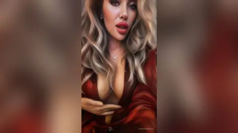 Glamorous blonde woman in a deep red silk robe posing with a confident and sultry mood.