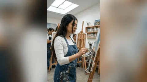 Young female artist in a white shirt and denim apron painting a landscape in a bright art studio.