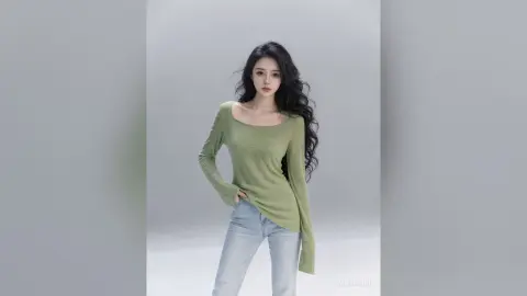 AgelaHui poses with long wavy black hair, wearing a long-sleeved green top and light blue jeans against a plain grey background.