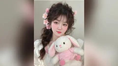 Young woman with floral hair accessories holding a white bunny plushie in a soft, dreamy aesthetic.