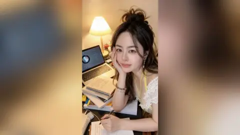 Young woman in a white lace top smiling while working on a laptop at a cozy desk with warm lighting.