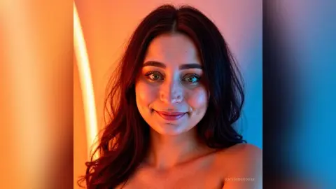 Smiling young woman with long dark hair in warm, cinematic orange and blue lighting.