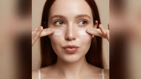 Young woman with red hair applying white facial moisturizer cream to her cheeks for a glowing skincare routine.