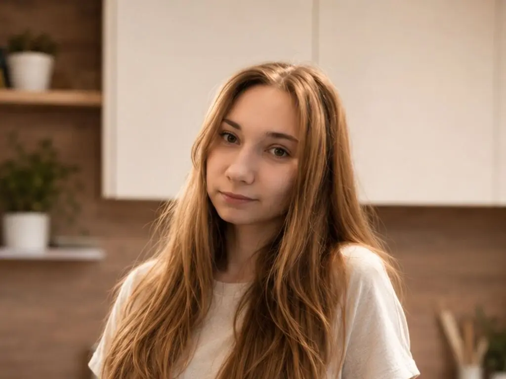 Young woman with long blonde hair wearing a white t-shirt in a cozy, sunlit indoor setting.