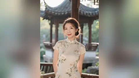 Elegant woman in a floral traditional cheongsam standing in a serene classical Chinese garden pavilion.