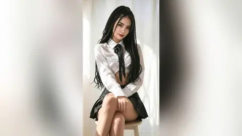 Young woman with long black braids wearing a white button-down shirt and black skirt in a bright, airy room.