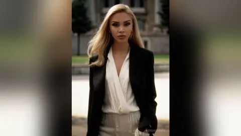 KendallMinx poses outdoors in a black blazer and white blouse with her long blonde hair down.