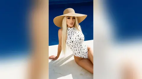 Blonde woman in a white floral swimsuit and wide-brimmed sun hat relaxing by a sunny swimming pool.