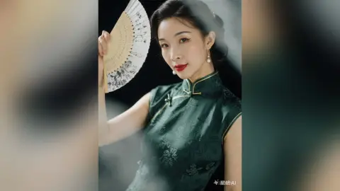 Elegant woman in a dark green floral cheongsam holding a traditional paper fan in a soft, moody setting.