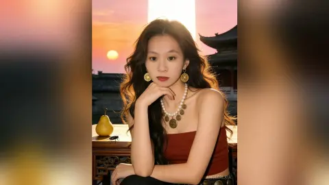 Elegant woman in a red strapless top and pearl necklace posing against a golden sunset at a traditional temple.