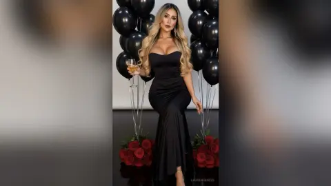 Glamorous blonde woman in a sleek black evening gown holding a champagne glass at a festive party with balloons.