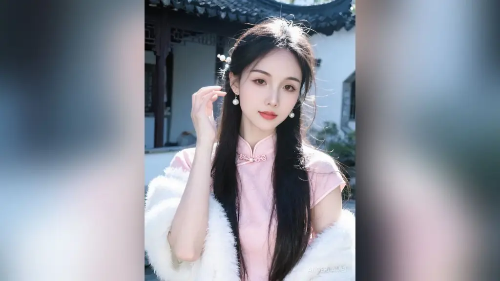 AngerlaMei — AngerlaMei poses with long black hair wearing a light pink cheongsam and a white furry wrap.