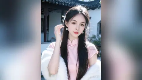 Young woman in a pink traditional cheongsam with a white fur shawl in a serene courtyard setting.