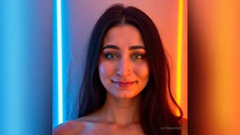 Smiling brunette woman in a moody setting with vibrant blue and orange neon light accents.