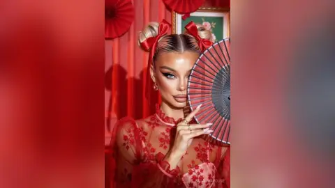 Glamorous woman in a red lace dress holding a folding fan in a romantic red-themed setting.