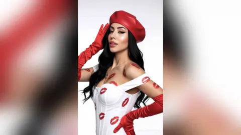 Glamorous woman in a white corset and red beret with matching gloves posing in a chic, romantic style.