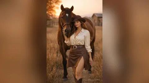 Stylish woman in a white blouse and brown skirt leaning against a brown horse in a golden sunset field.