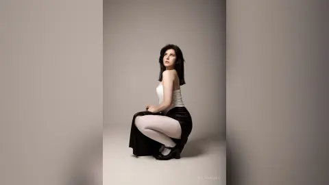 Elegant woman in a white strapless top and black skirt posing gracefully against a neutral studio background.