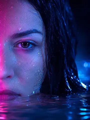 DanyelleVee with wet hair and water droplets on her face, looking directly at the camera while partially submerged in water.