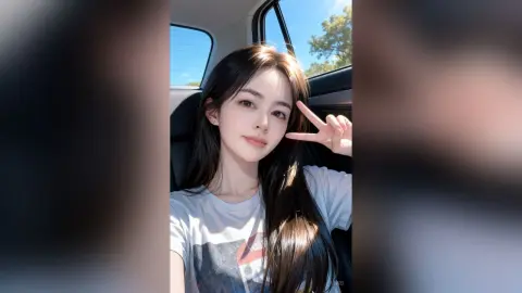 Cheerful young woman in a white t-shirt making a peace sign while sitting in a car on a sunny day.