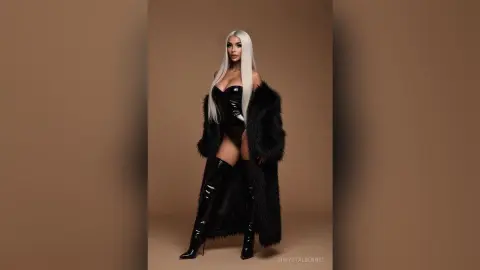 Glamorous blonde woman in a black corset and tall boots wearing a luxurious faux fur coat against a brown backdrop.