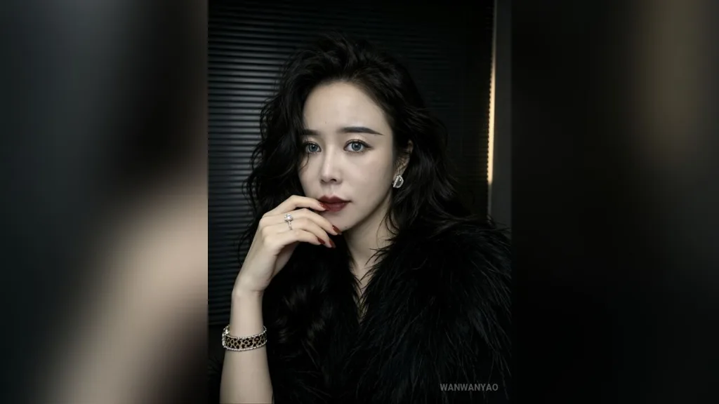 WanwanYao — WanwanYao poses with long wavy black hair and dark red lipstick wearing a black feathered outfit.