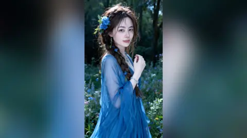 Young woman in a flowing blue ethereal dress with floral hair accessories in a dreamy garden setting.