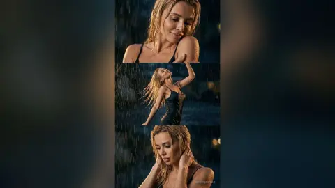 SerenaStar poses in the rain wearing a black bodysuit with her wet blonde hair falling over her shoulders.