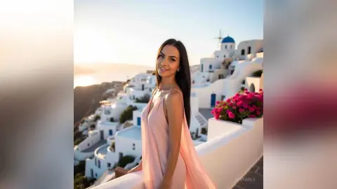 Smiling woman in a flowing pink dress enjoying a sunset view over white Santorini buildings.